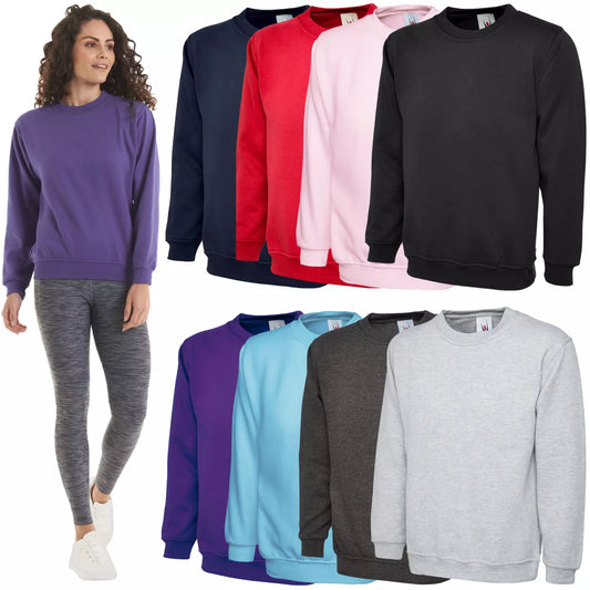 Ladies Deluxe Crew Neck Pullover Sweatshirt Women's Casual Outdoor Plain Jersey